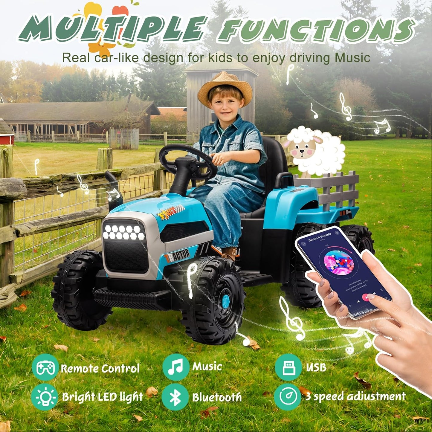 24V Ride On Tractor with Trailer, Ride on Toys for Kids, Dual 200W Motors, 3-Speed, Remote Control, USB/MP3/Bluetooth, LED Lights, Safety Belt, 1.86-4.97 MPH