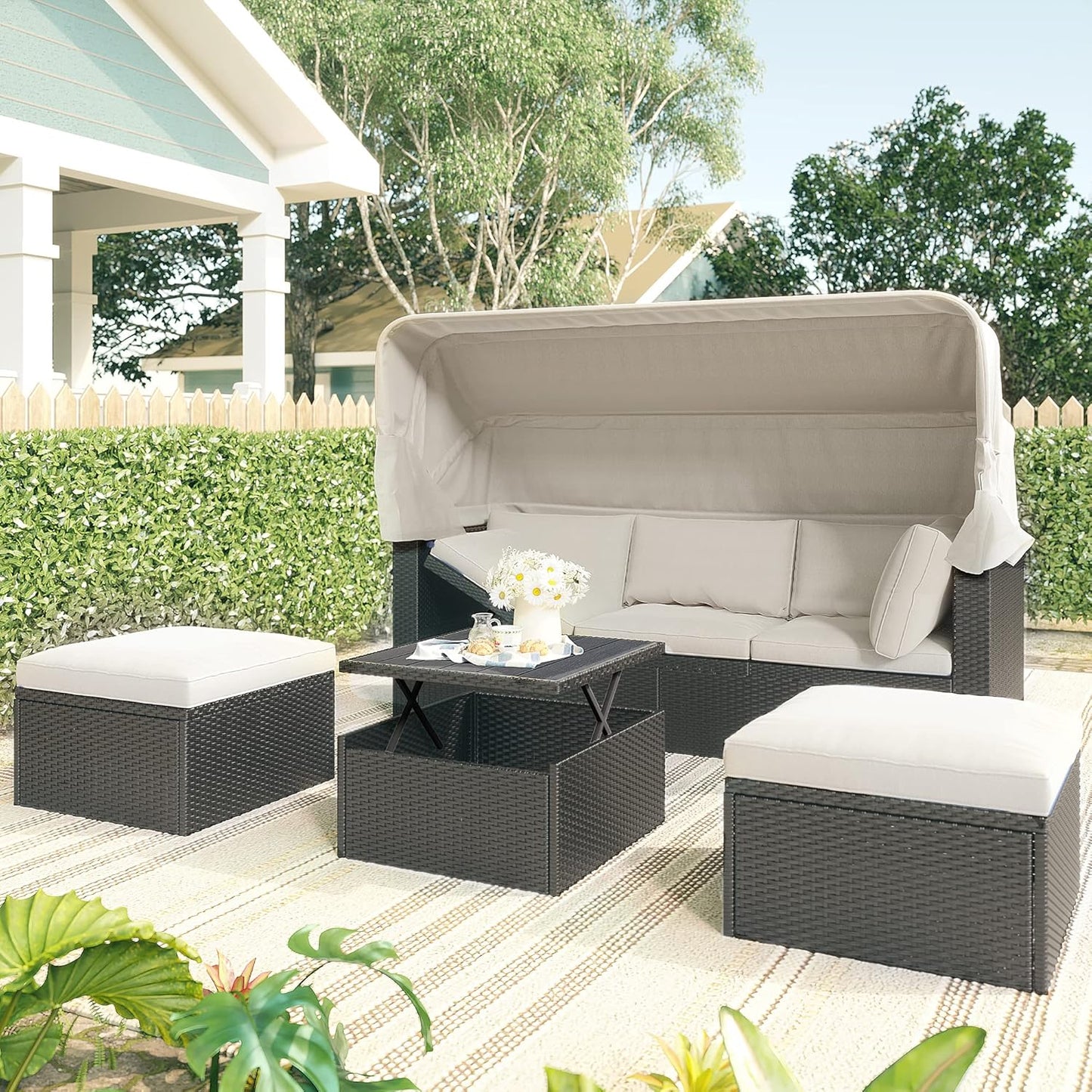 Outdoor Patio Set Daybed Sunbed with Retractable Canopy-Wicker Conversation Furniture, Navy Blue