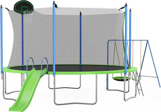 12FT 14FT 15FT 16FT Trampoline for Adults & Kids with Basketball Hoop, Outdoor Trampolines with Ladder and Safety Enclosure Net for Kids and Adults