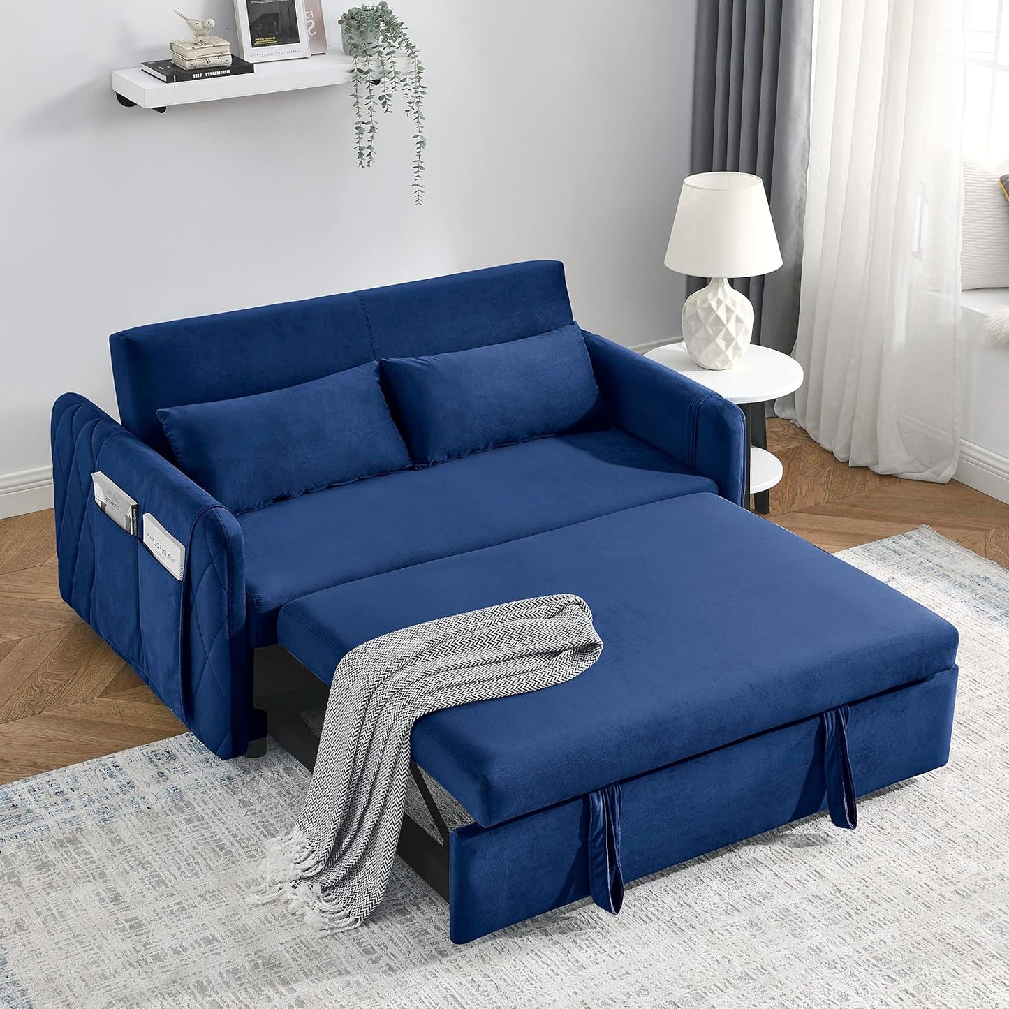 55" Velvet Convertible Sofa Modern Loveseat with Pull-Out Bed, Adjustable Backrest, Detachable Arm Pockets, Grid Design Armrests, and 2 Pillows-Ideal for Living Room, Blue