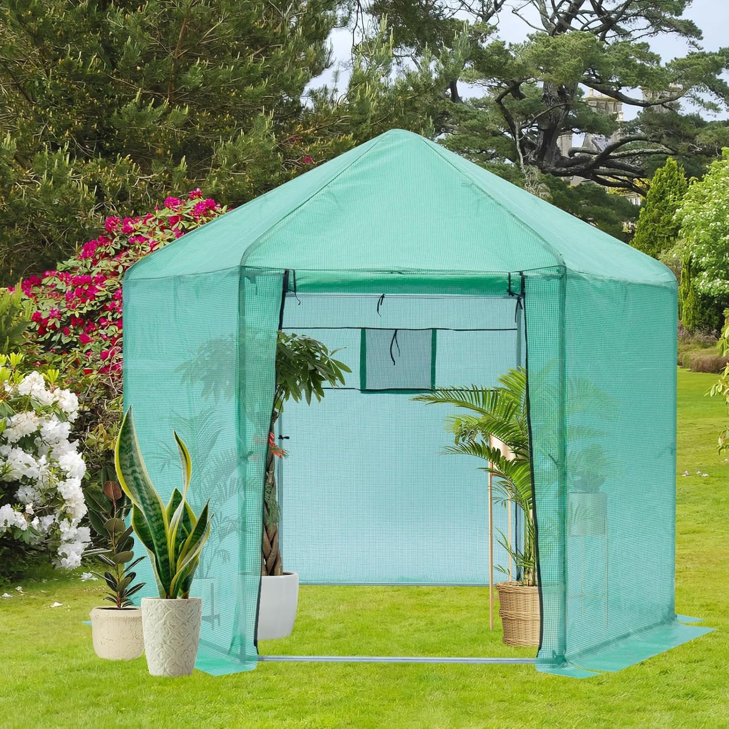 Greenhouse - Walk-in Hexagonal 13.1 * 8.6 ft, Upgraded Reinforced Frame, Heavy-Duty Plastic, Thickened Waterproof & Insulated, Ideal for Extended Growing Seasons