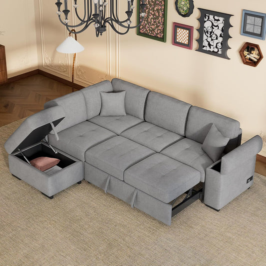 Sleeper Sectional L-Shape Corner Couch Sofa-Bed, Ottoman, Hidden Arm Storage, and USB Charge-Gray: Ideal for Your Living Room or Apartment, Grey