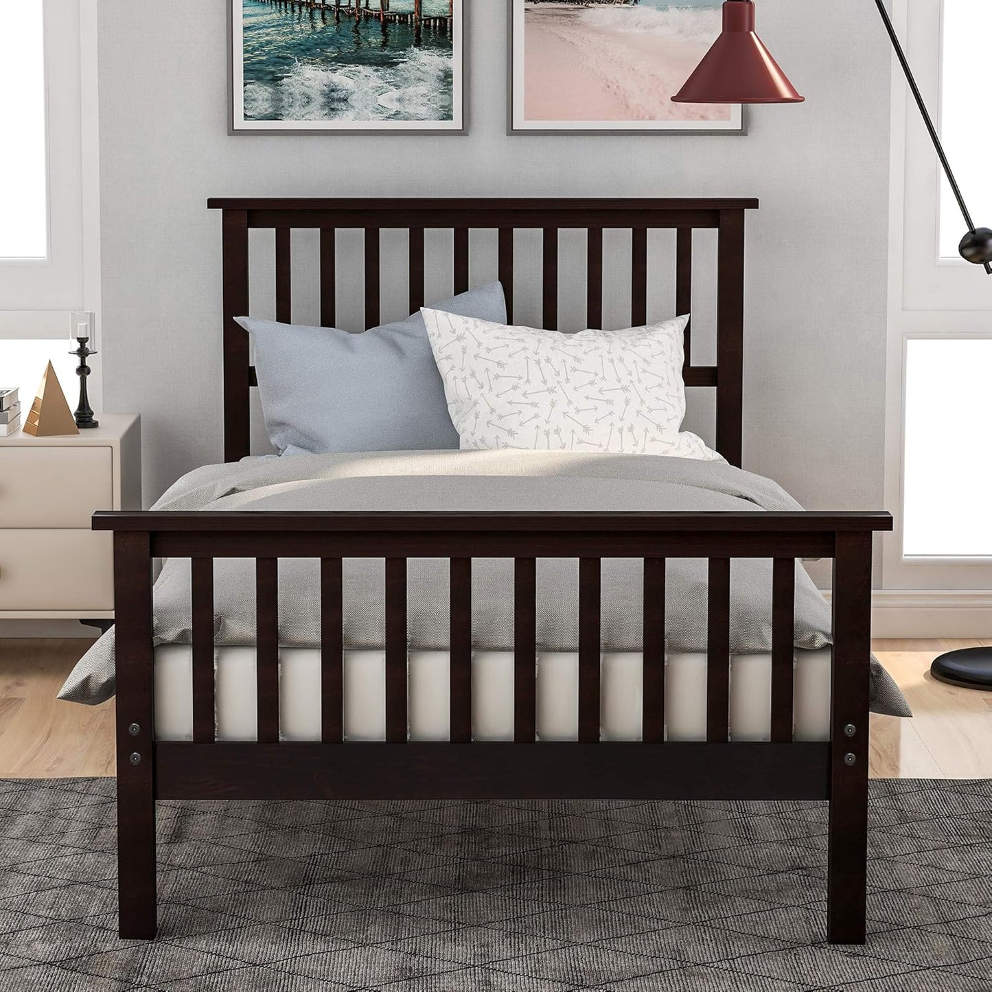 Twin Size Wood Platform Bed with Headboard and Footboard, 100% Pine Wood Frame, Strong Slat Support - Espresso, 80.2”L X 42.9”W X 36.2”H