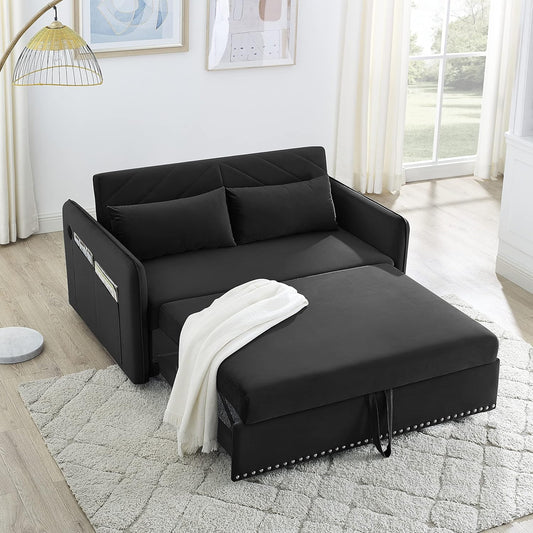 Velvet Sleeper Sofa Bed with USB Port-3-in-1 Adjustable, Black