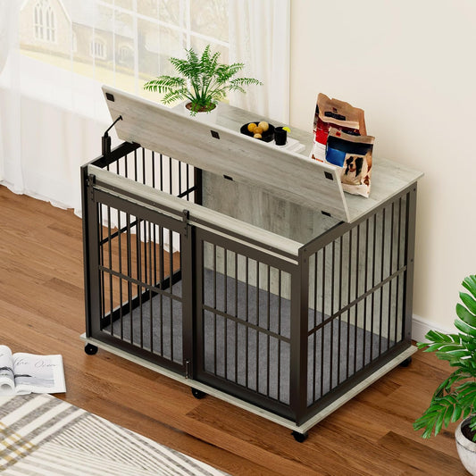 Elegant Rustic Grey Furniture-Style Dog Crate with Secure Sliding Iron Door & Plush Comfort Mat Spacious 43.7''W x 30''D x 33.7''H Pet Safety Haven with Easy Cleaning Features