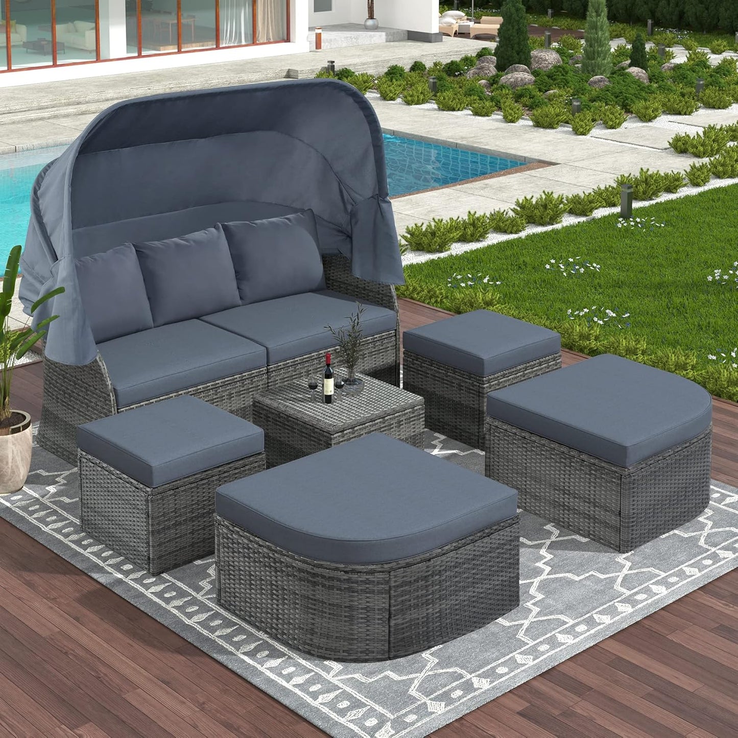 Outdoor Patio Set Daybed Sunbed with Retractable Canopy-Wicker Conversation Furniture, Navy Blue