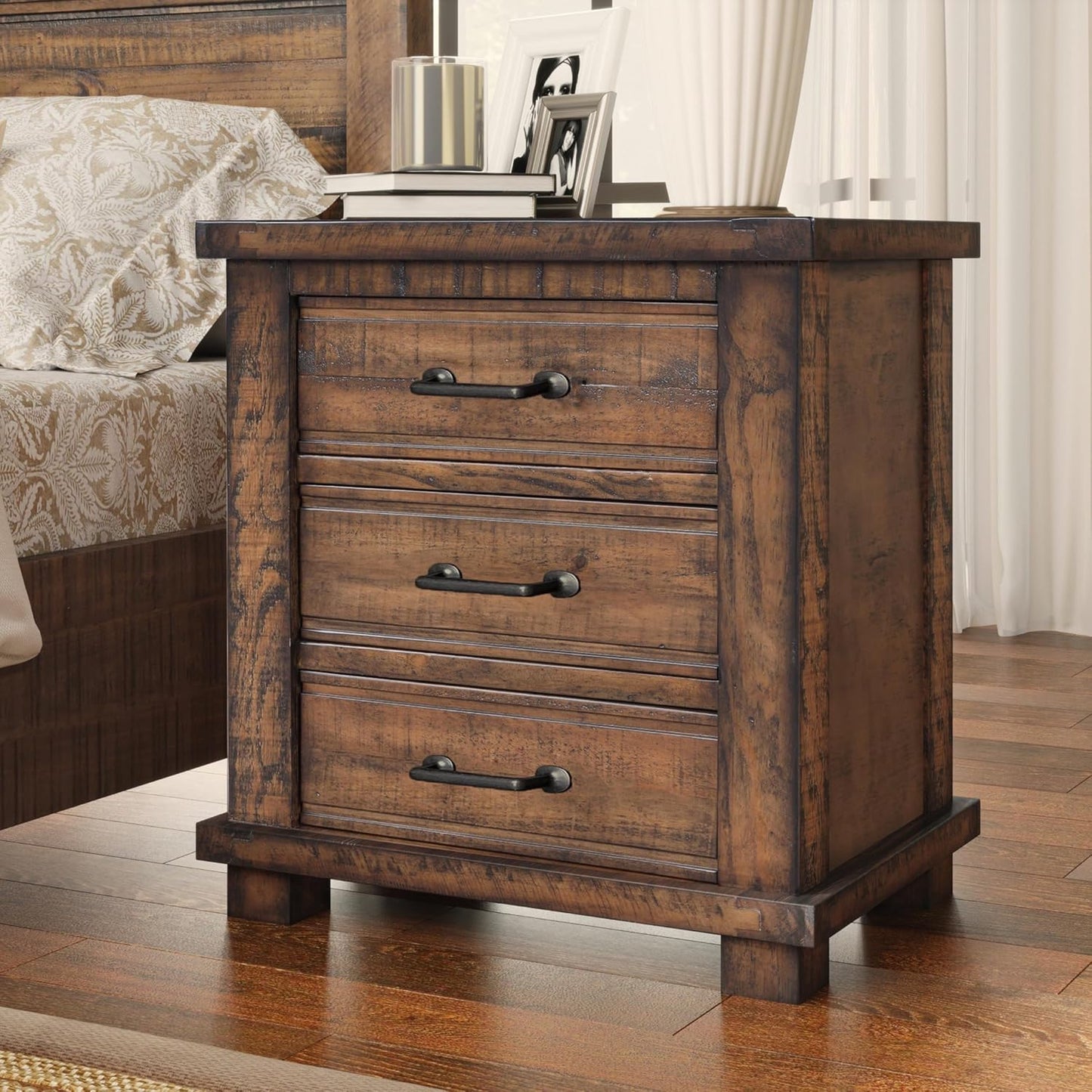 Rustic Farmhouse Nightstand - Reclaimed Solid Wood, Three Drawer Bedside Table, Vintage Style, Durable & Eco-Friendly