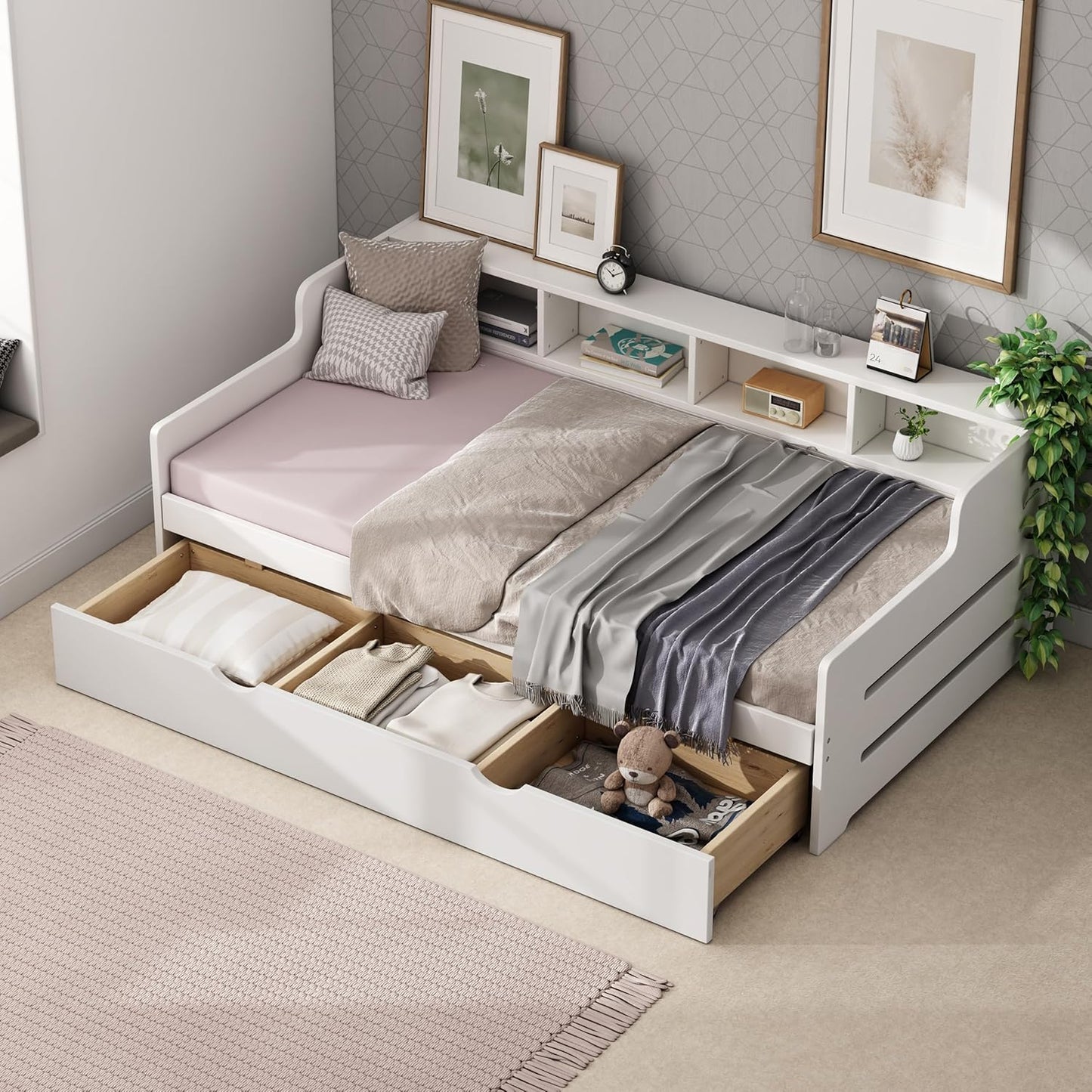 Twin White Size Wooden Day Bed with 3 Drawers for Guest, Small Bedroom, Study Room in Classic Design