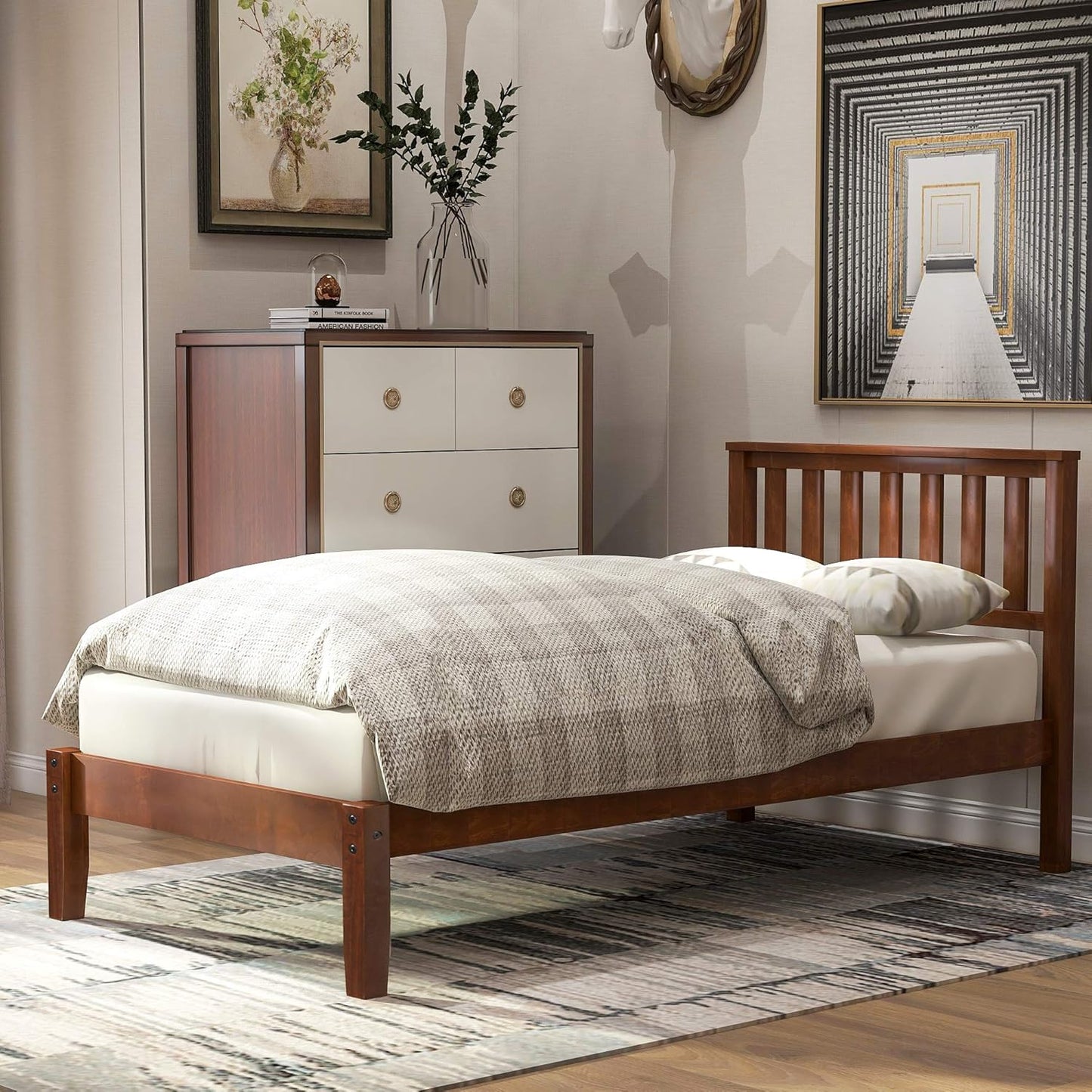 Twin Size Wood Platform Bed with Headboard and Footboard, 100% Pine Wood Frame, Strong Slat Support - Espresso, 80.2”L X 42.9”W X 36.2”H