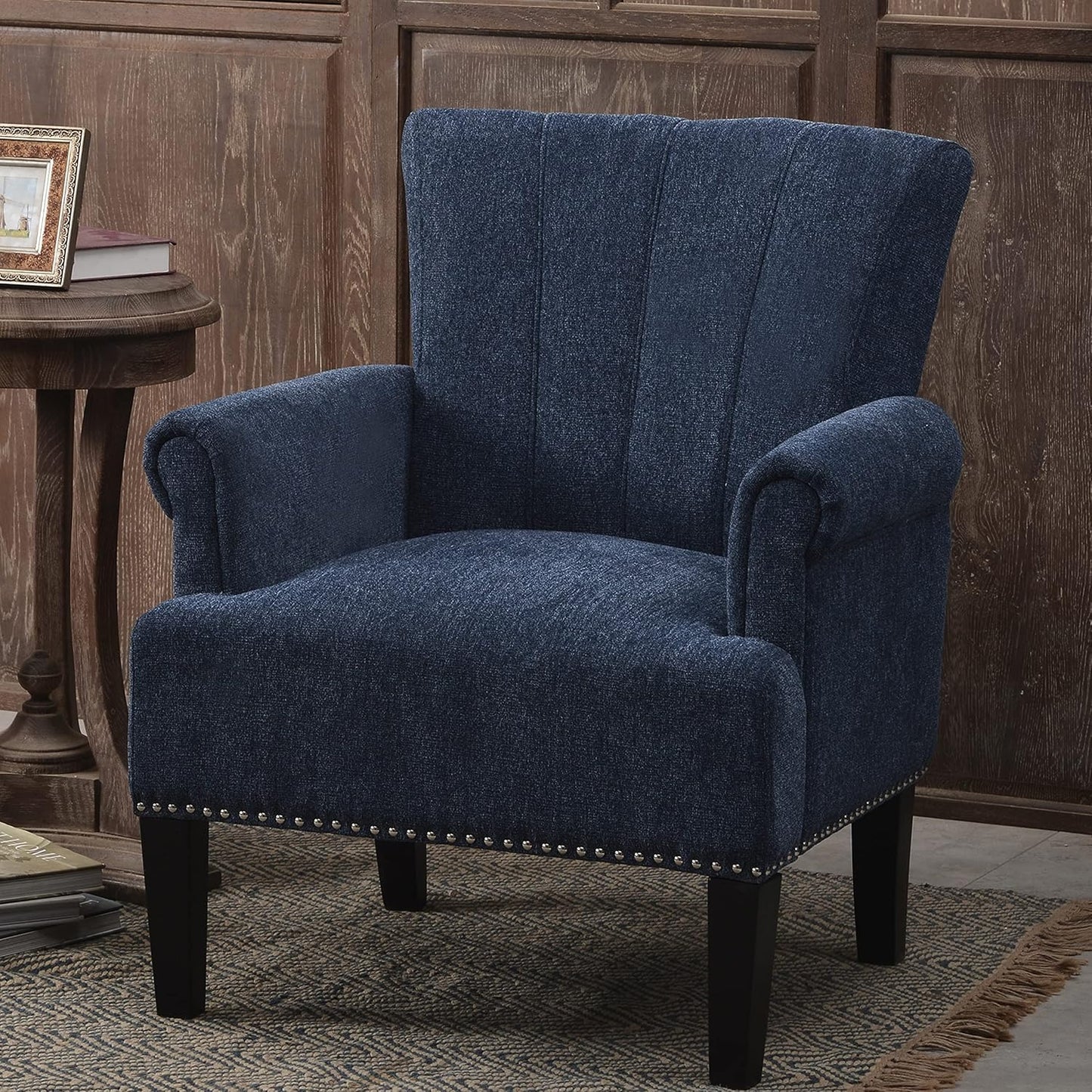 Chair Elegant Polyester Armchair-Comfortable & Durable Tufted Design with Stylish Rivet Accents for Modern Living Room, 34.5" H, Blue