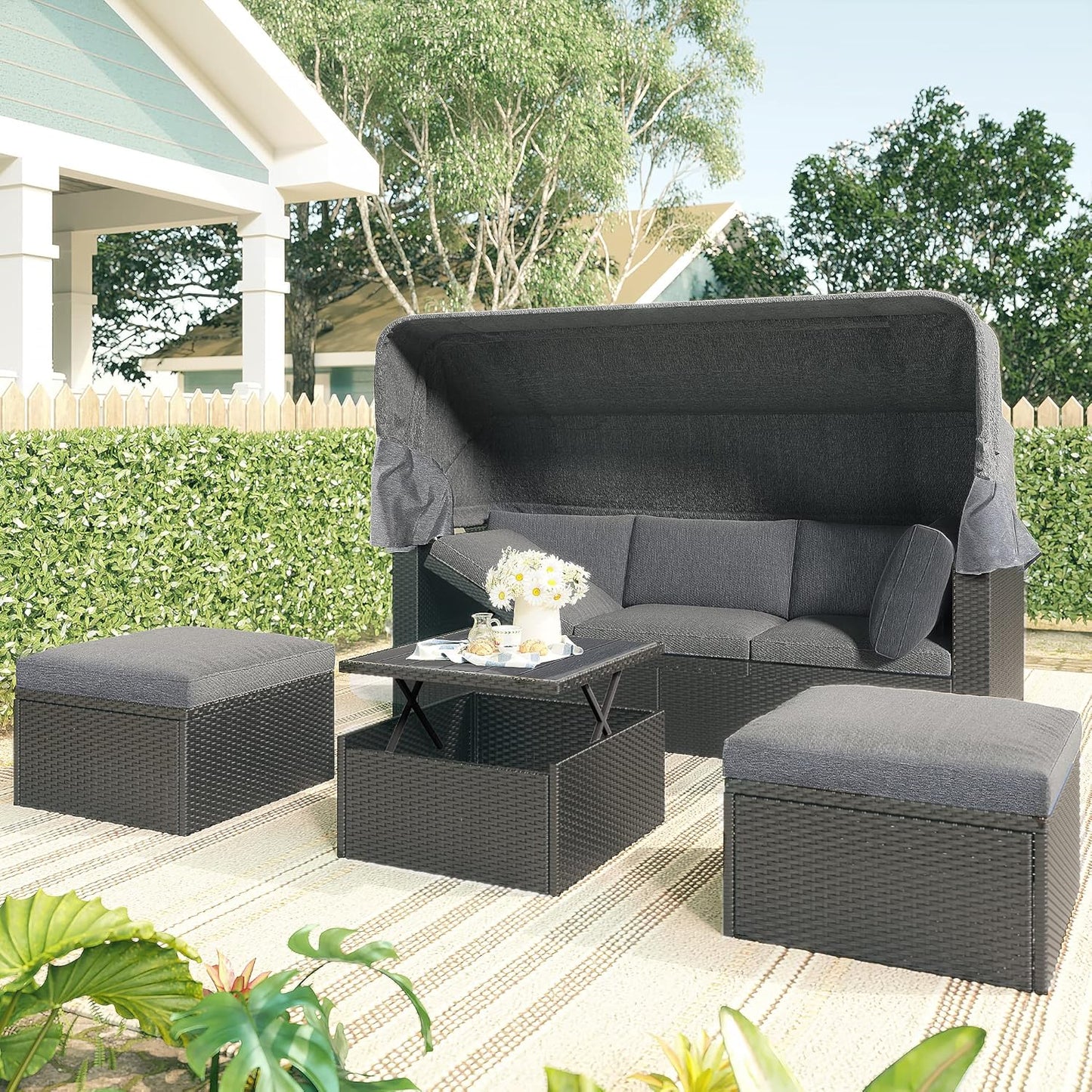 Outdoor Patio Set Daybed Sunbed with Retractable Canopy-Wicker Conversation Furniture, Navy Blue