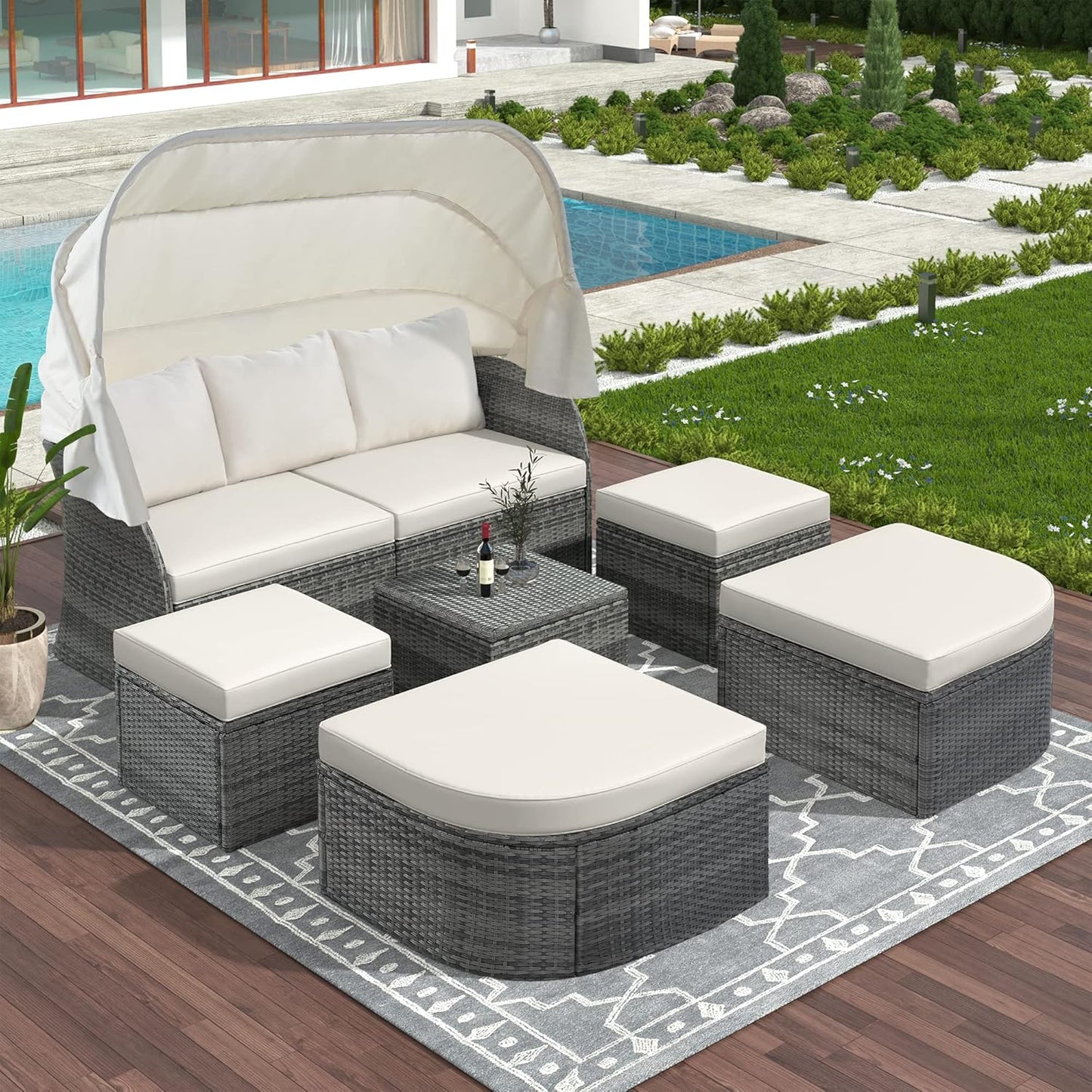 Outdoor Patio Set Daybed Sunbed with Retractable Canopy-Wicker Conversation Furniture, Navy Blue