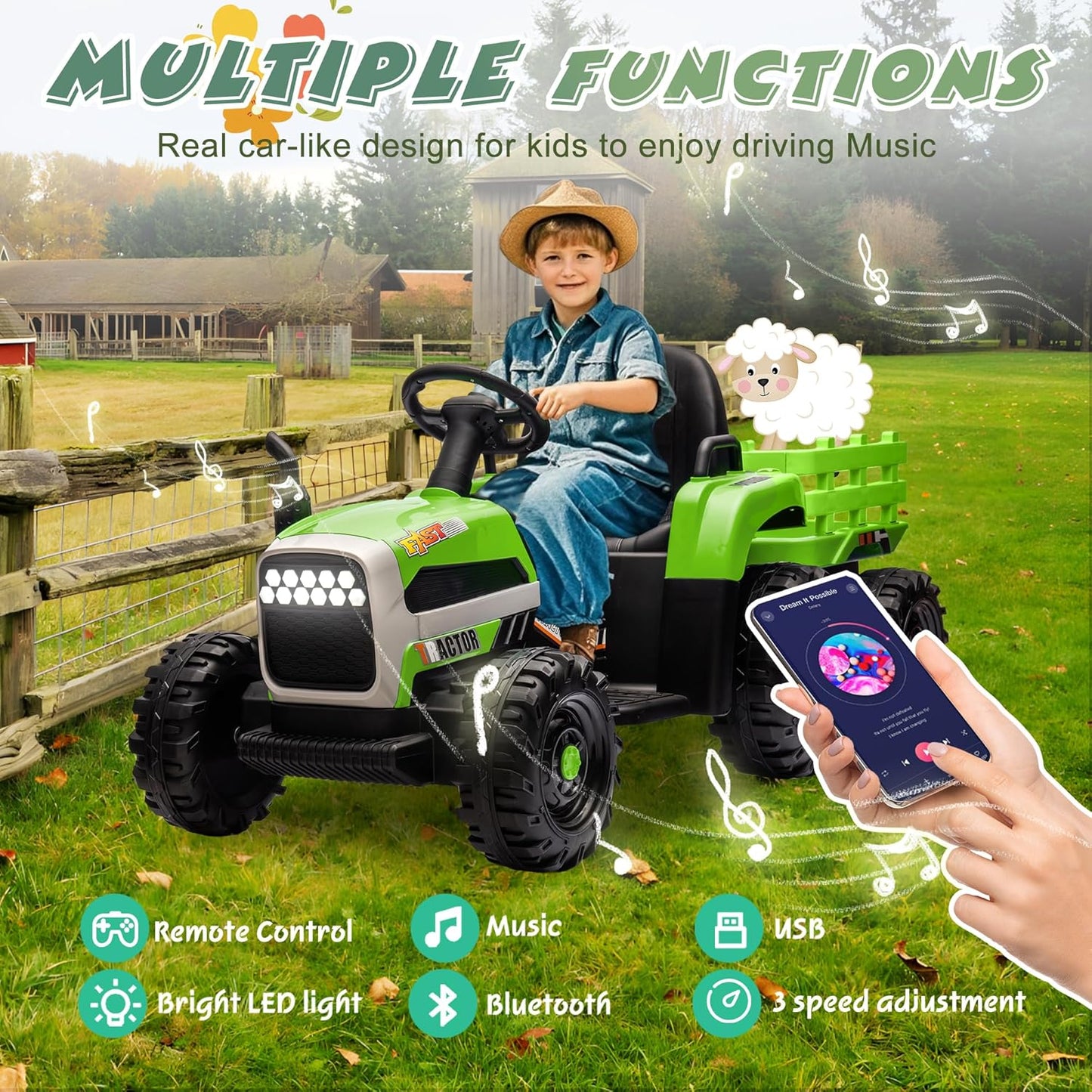 24V Ride On Tractor with Trailer, Ride on Toys for Kids, Dual 200W Motors, 3-Speed, Remote Control, USB/MP3/Bluetooth, LED Lights, Safety Belt, 1.86-4.97 MPH