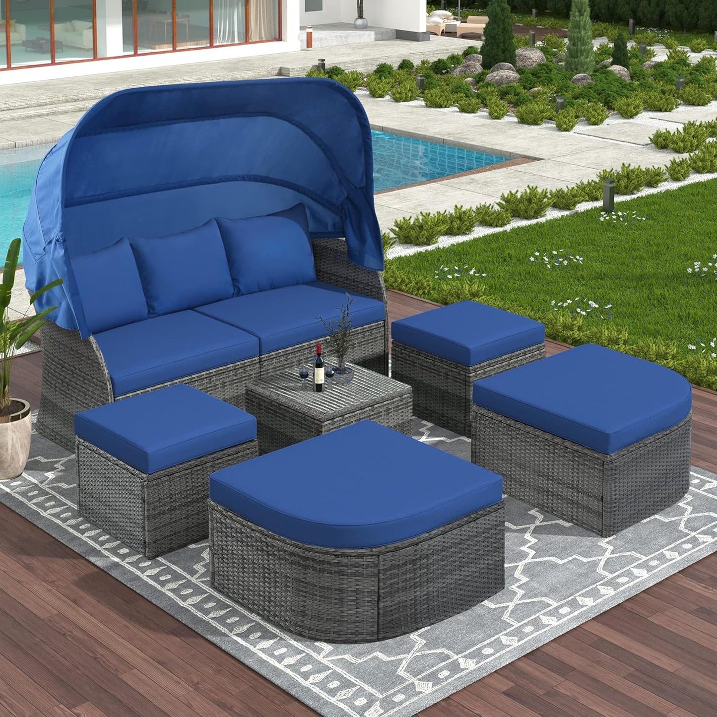 Outdoor Patio Set Daybed Sunbed with Retractable Canopy-Wicker Conversation Furniture, Navy Blue