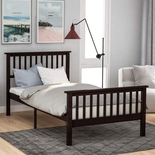 Twin Size Wood Platform Bed with Headboard and Footboard, 100% Pine Wood Frame, Strong Slat Support - Espresso, 80.2”L X 42.9”W X 36.2”H