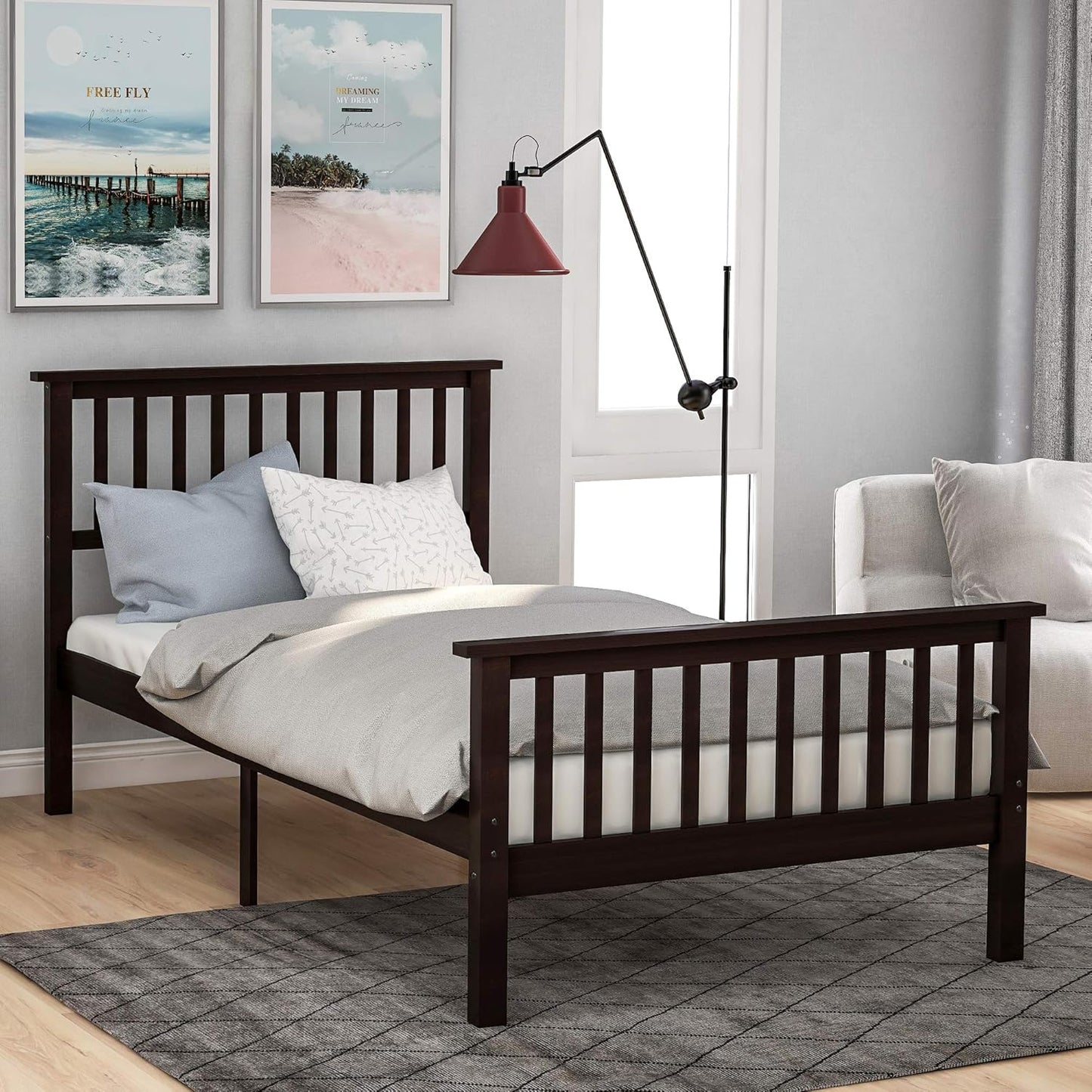 Classic Twin Size Wood Platform Bed with Headboard, Footboard, and Strong Wood Slat Support - Elegant Pink Design, 80”L X 42”W X 43”H