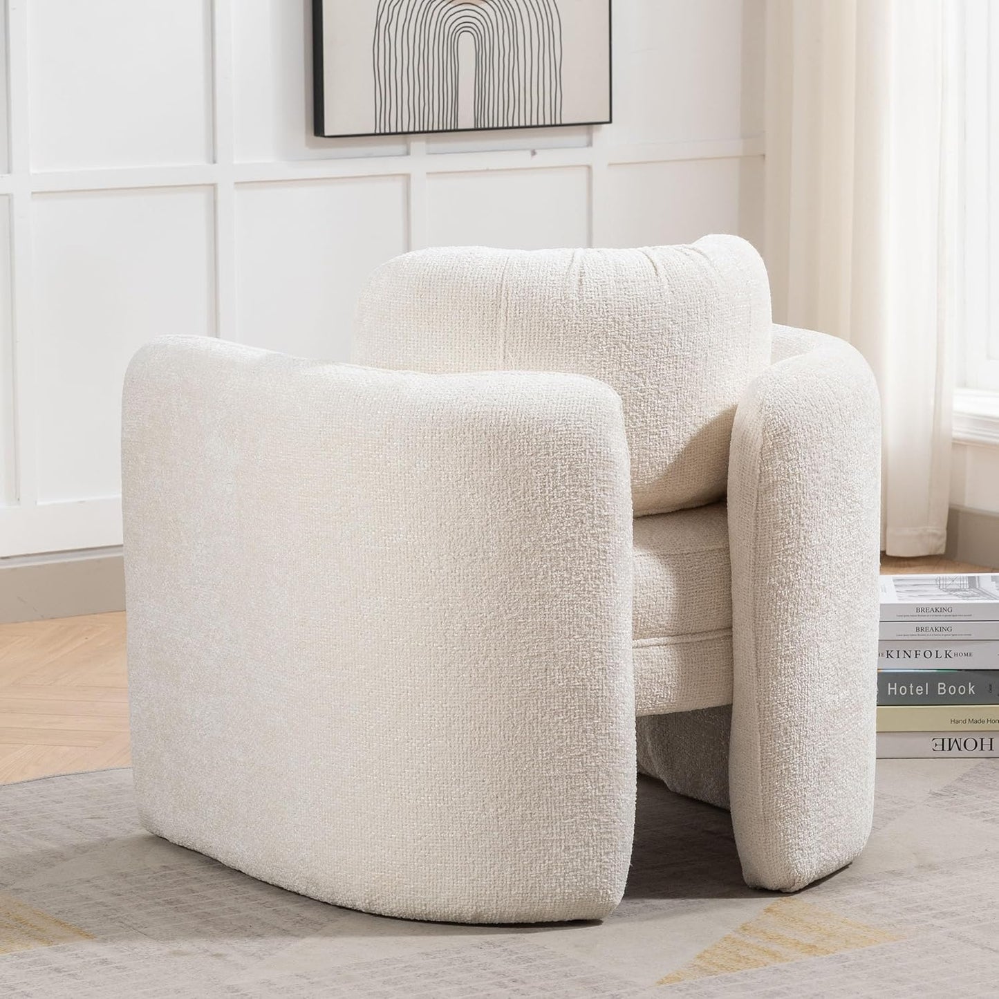 Mid-Century Modern Accent Chair-Barrel Armchair for Living, Bedroom, Office-Versatile & Stylish Seating for Home or Guest Room, 32.3" H, Ivory