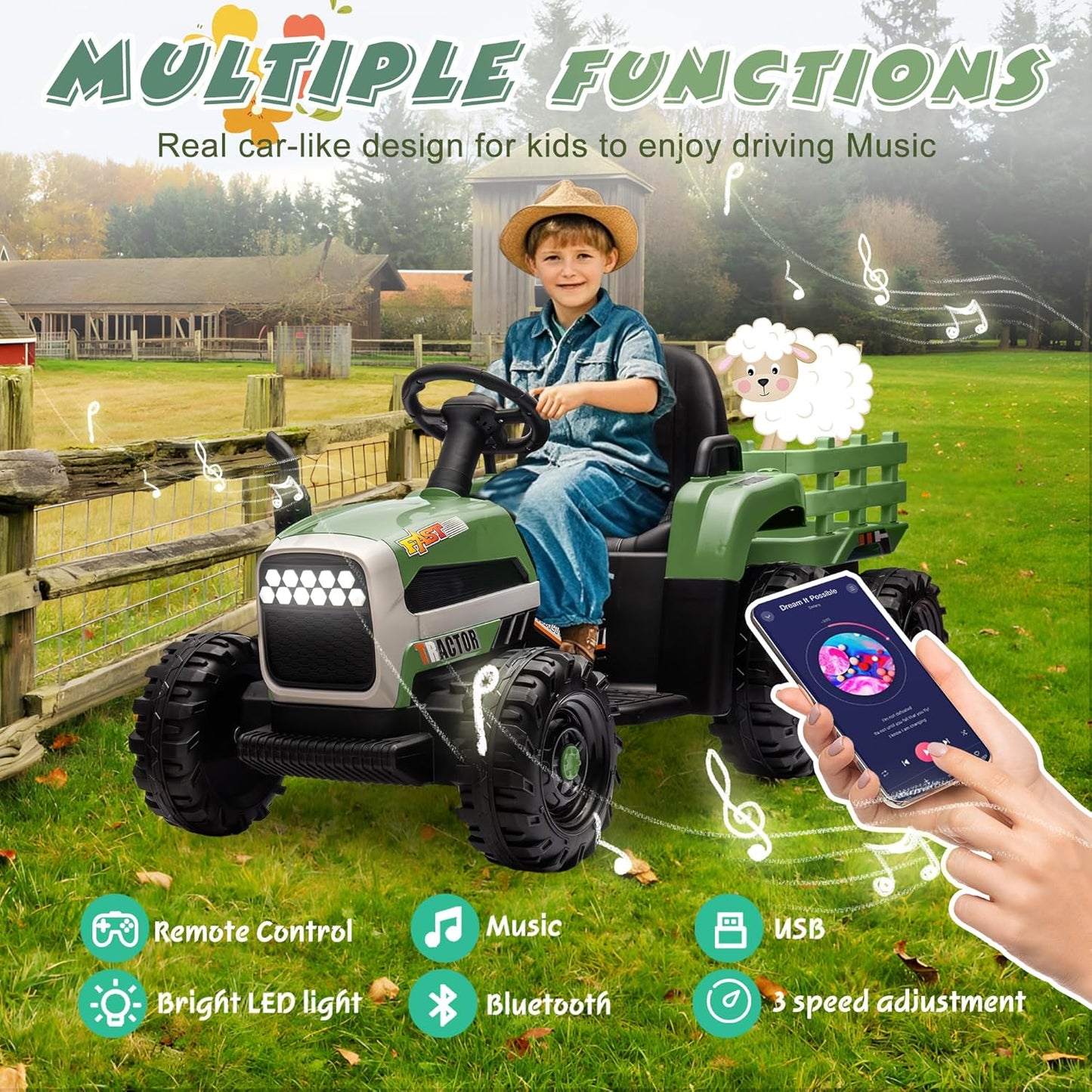 24V Ride On Tractor with Trailer, Ride on Toys for Kids, Dual 200W Motors, 3-Speed, Remote Control, USB/MP3/Bluetooth, LED Lights, Safety Belt, 1.86-4.97 MPH