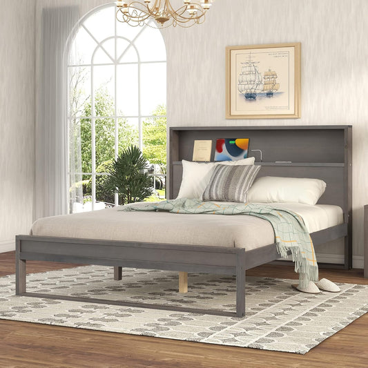 Queen Size Platform Bed with Storage Headboard, Built-in Sockets and USB Ports, Antique Gray