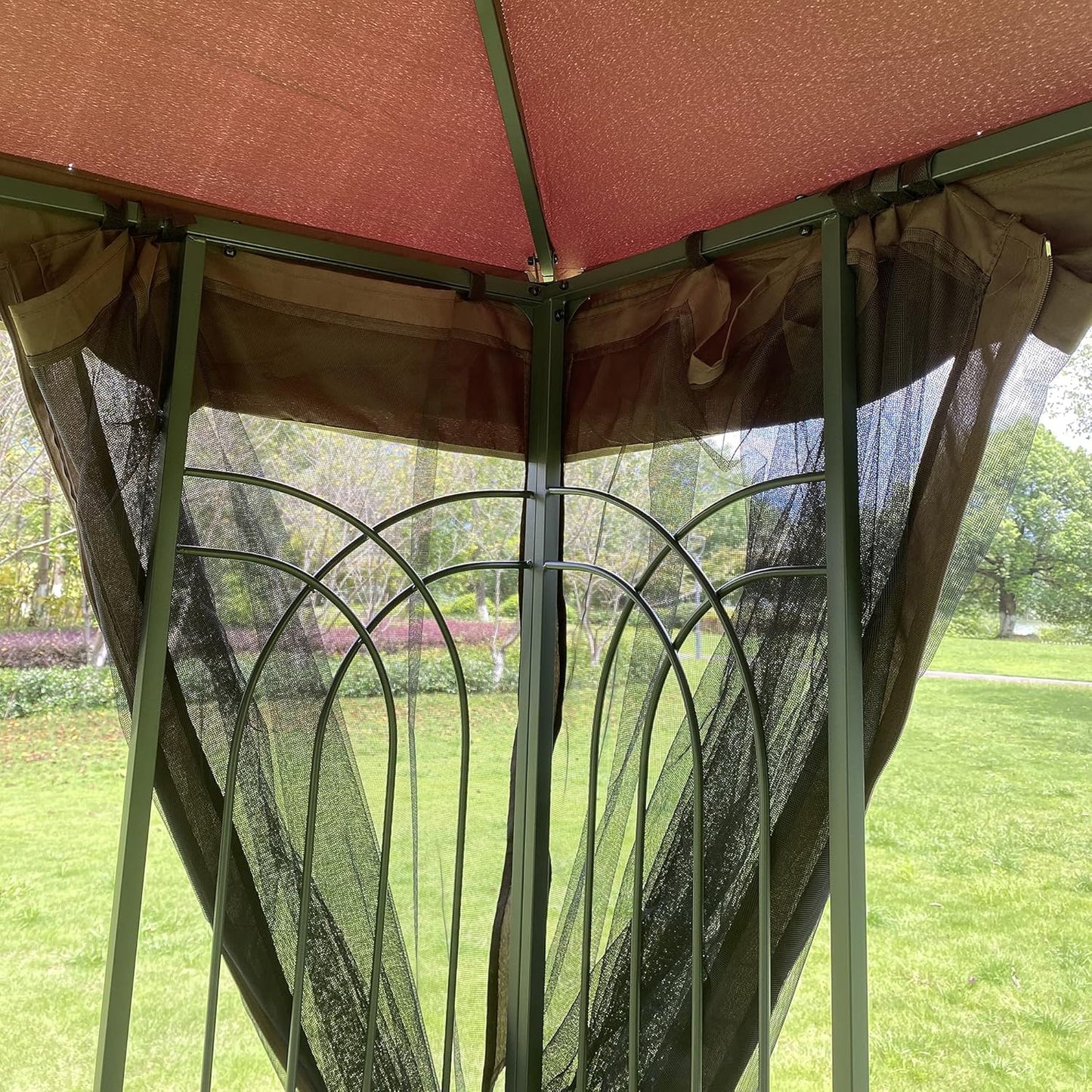 Outdoor Gazebo Pop Up Canopy Tent 10x10 Ft with Ventilated Double Roof and Detachable Mosquito Net, Brown Top - Ideal for Lawn, Garden, Backyard, and Deck