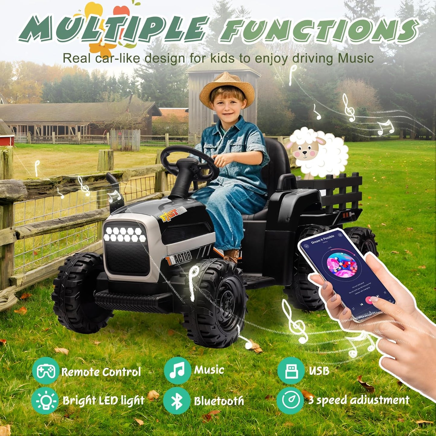 24V Ride On Tractor with Trailer, Ride on Toys for Kids, Dual 200W Motors, 3-Speed, Remote Control, USB/MP3/Bluetooth, LED Lights, Safety Belt, 1.86-4.97 MPH