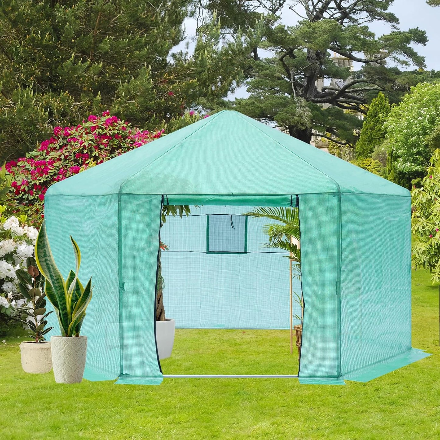 Greenhouse - Walk-in Hexagonal 13.1 * 8.6 ft, Upgraded Reinforced Frame, Heavy-Duty Plastic, Thickened Waterproof & Insulated, Ideal for Extended Growing Seasons