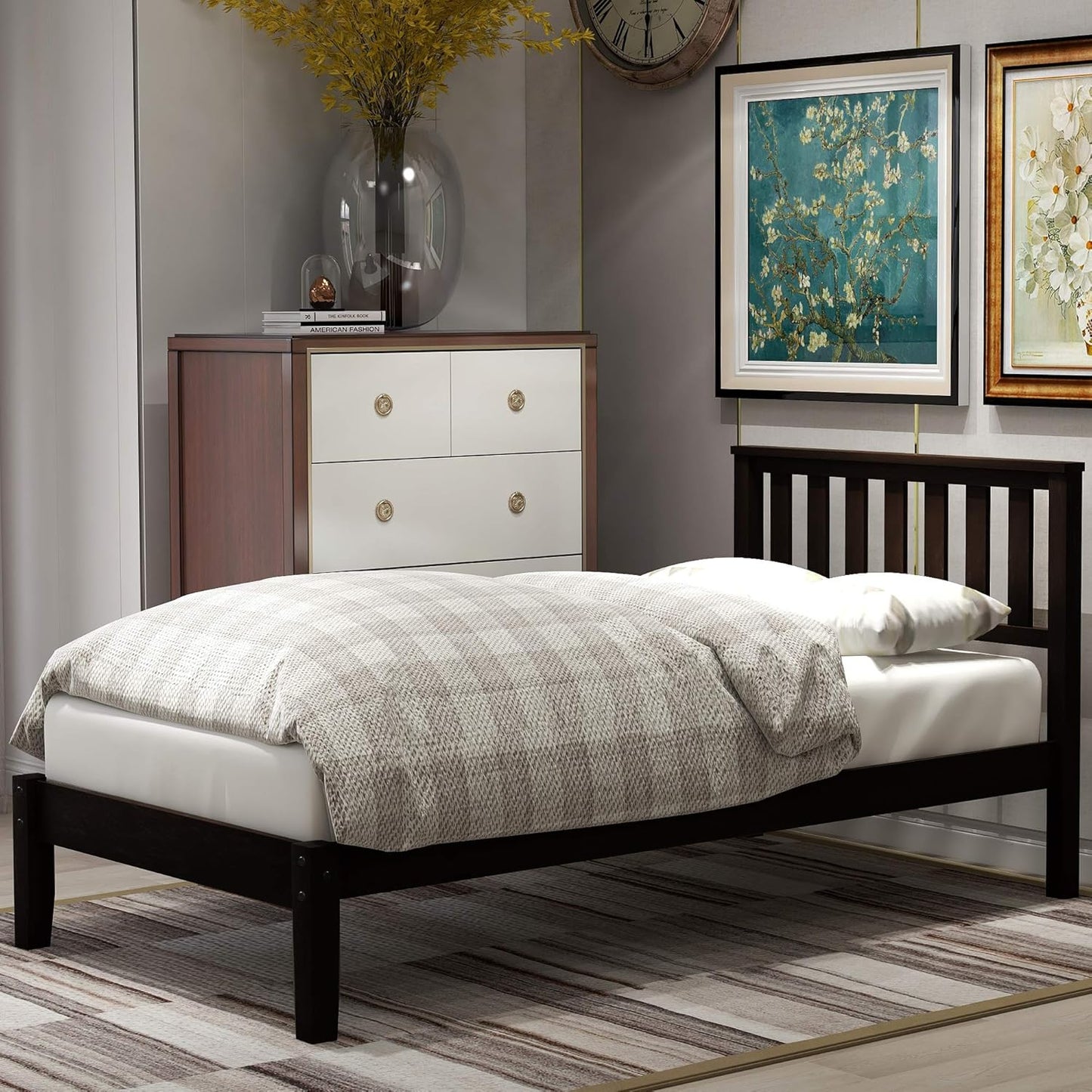 Classic Twin Size Wood Platform Bed with Headboard, Footboard, and Strong Wood Slat Support - Elegant Pink Design, 80”L X 42”W X 43”H