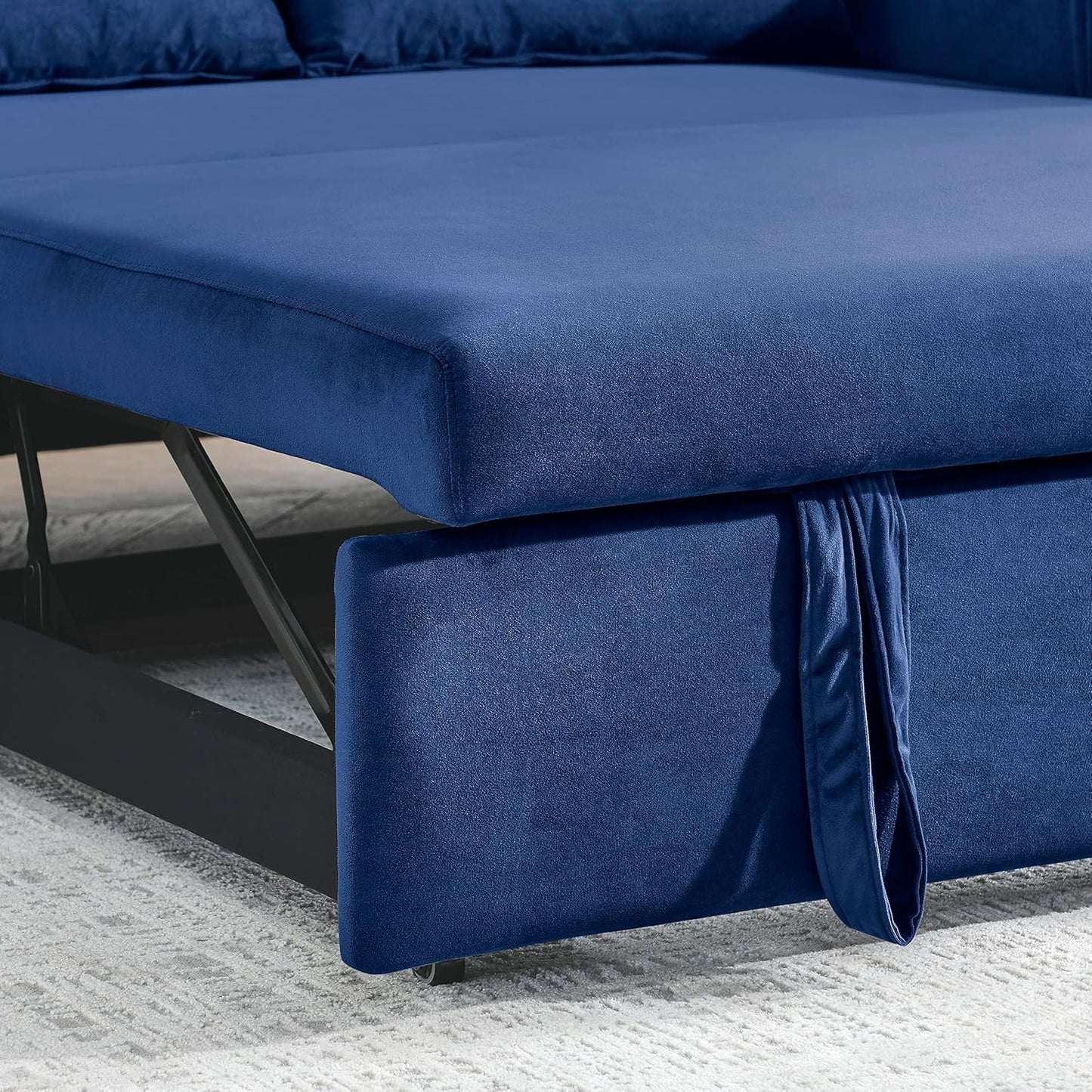 55" Velvet Convertible Sofa Modern Loveseat with Pull-Out Bed, Adjustable Backrest, Detachable Arm Pockets, Grid Design Armrests, and 2 Pillows-Ideal for Living Room, Blue