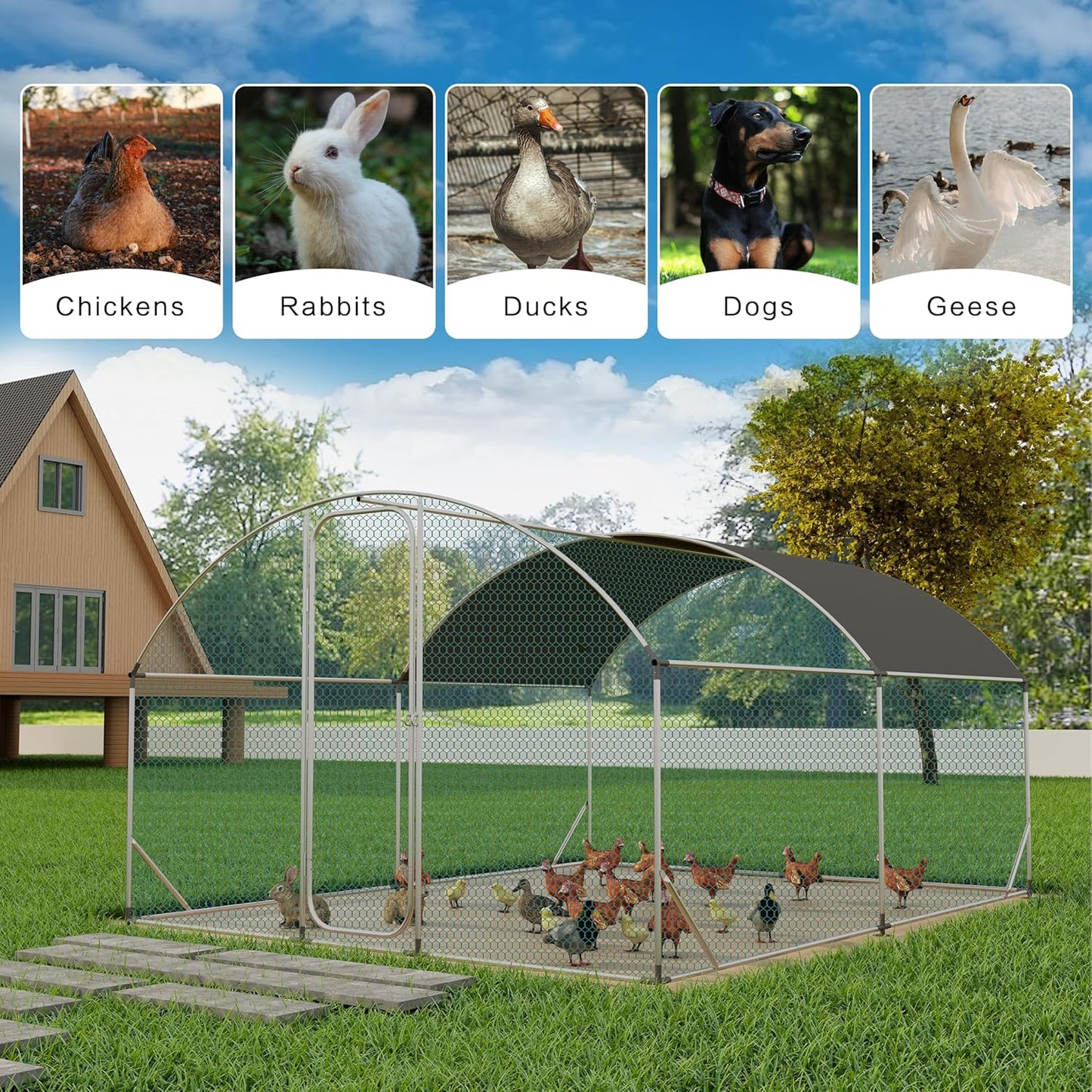 Large Metal Chicken Coop with Walk-in Run - Silver Dome Roof Poultry Cage 3.1 x 9.8 x 6.6 ft Waterproof Cover for Yard Suitable for Hens, Ducks, and Rabbits