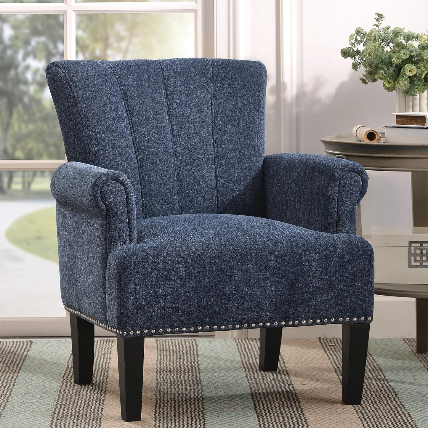 Chair Elegant Polyester Armchair-Comfortable & Durable Tufted Design with Stylish Rivet Accents for Modern Living Room, 34.5" H, Blue