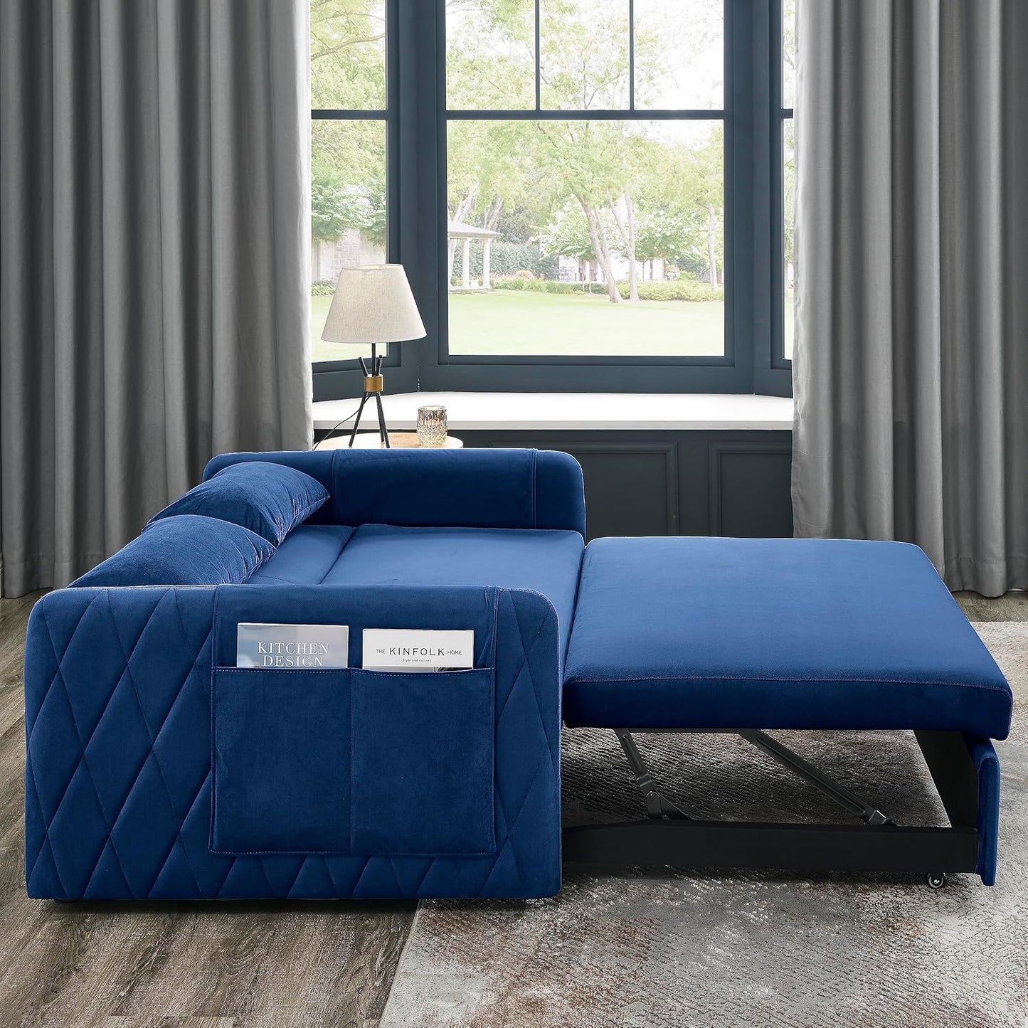 55" Velvet Convertible Sofa Modern Loveseat with Pull-Out Bed, Adjustable Backrest, Detachable Arm Pockets, Grid Design Armrests, and 2 Pillows-Ideal for Living Room, Blue